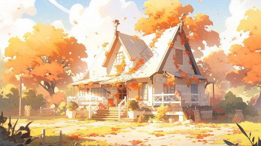 秋天森林中一座幽静的卡通小木屋背景图片