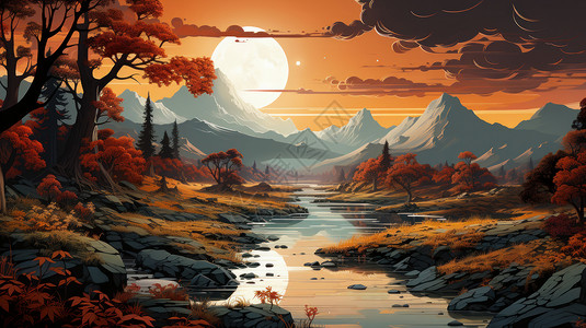 中秋唯美卡通风景圆圆的月亮下山中一条清澈小溪背景图片