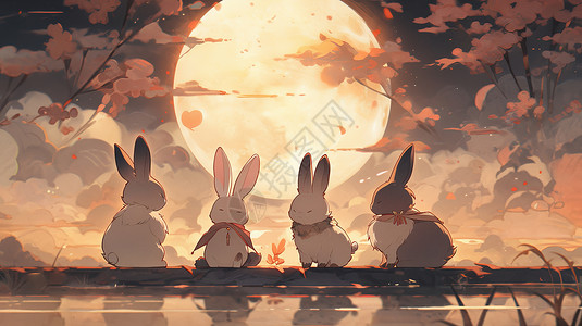 中秋对影成三人秋天在圆月下赏月的卡通兔子插画