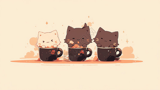 可爱的三只卡通猫在喝咖啡图片