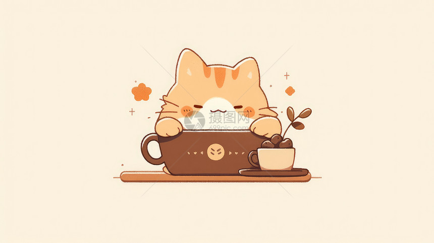 在咖啡杯中可爱的卡通猫图片