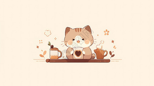 抱着咖啡杯开心喝咖啡的卡通猫高清图片