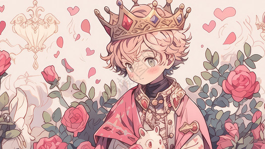 头戴皇冠在玫瑰花园中的卡通小王子背景图片