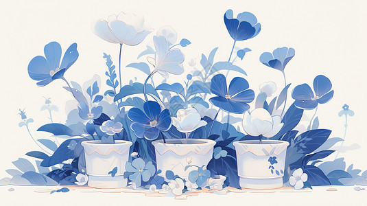 蓝色调漂亮的卡通盆栽与植物背景图片