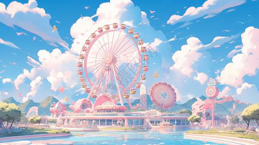 蓝天白云下梦幻卡通游乐园图片