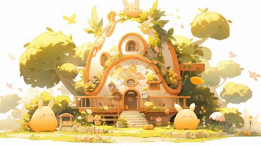 秋天被树木包围的可爱卡通小房子背景图片