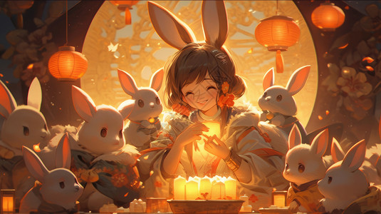 中秋节夜晚美丽的卡通嫦娥与小白兔们一起过节日插画