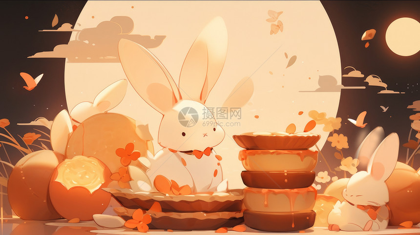中秋节可爱的卡通小白兔在月亮下吃月饼图片