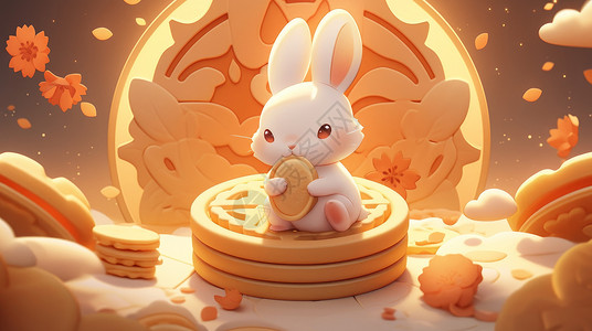 中秋节坐在月饼上吃月饼的卡通小白兔背景图片