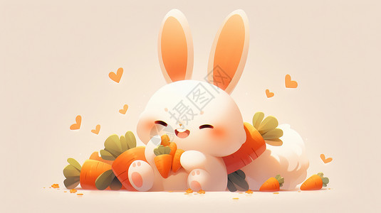 开心吃胡萝卜的可爱卡通小白兔图片