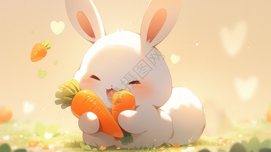 正在吃胡萝卜的可爱卡通小白兔背景图片