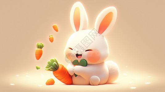 抱着胡萝卜开心笑的卡通小白兔图片