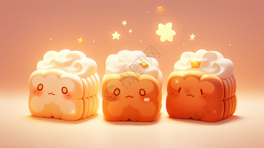 三个月饼中秋节可爱的奶油卡通美食插画