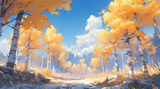 蓝天白云下高高的卡通树林图片