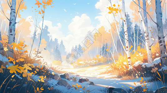 深秋金黄色的卡通森林风景图片