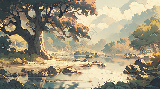 古风插画秋天风景古树旁一条小河图片