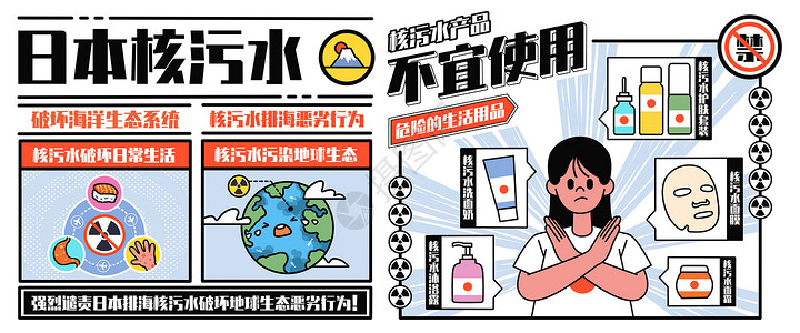 日本核污水之不宜使用的产品插画banner背景图片