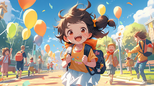 卡通橙色气球开心奔跑去上学的卡通女孩插画
