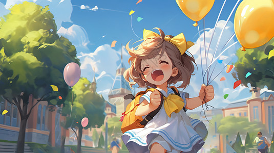 穿着校服裙子手拿气球开心奔跑去上学的卡通女孩背景图片