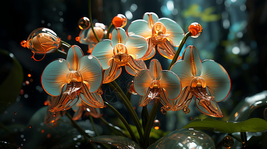 兰花透明素材在森林中暖色调超现实立体花朵插画