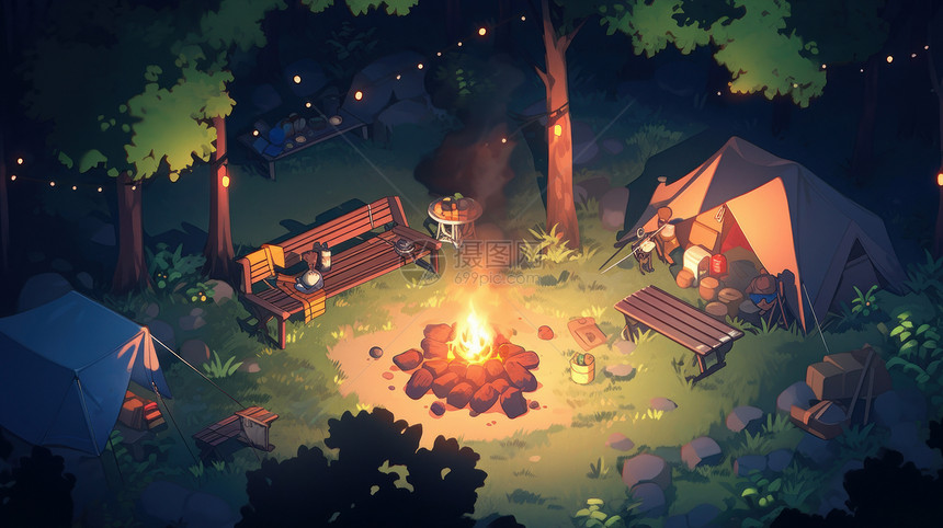 夜晚在森林中点燃篝火露营卡通风景图片