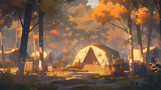 度假照温暖的阳光照在森林中露营帐篷卡通风景插画