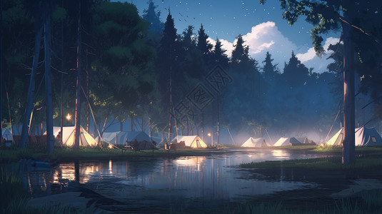 卡通森林中小溪旁一片露营帐篷图片