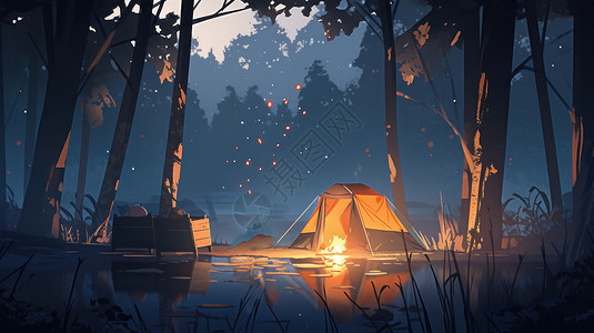 唯美安静的森林中点燃篝火露营卡通风景图片