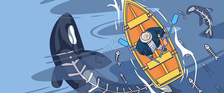 船之骨架海水污染核污染食品安全线描扁平风插画Banner插画
