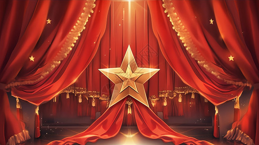 舞台帘子悬挂在红色帘子上的金色卡通五角星插画