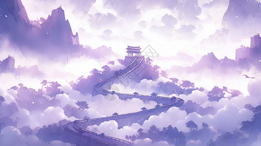 天空下的长城山顶上间紫色调卡通建筑插画