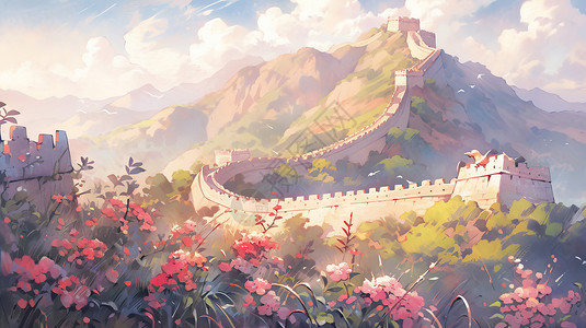山上盛开红色卡通花朵与古建筑背景图片