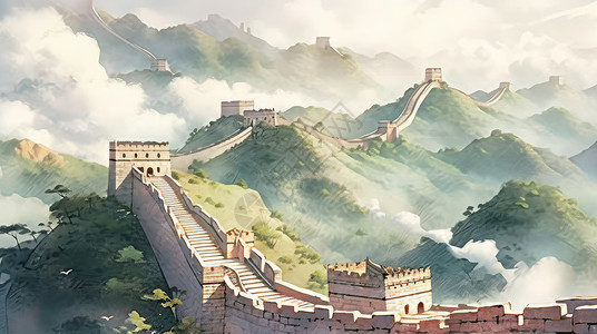 长城墙在绿色山顶上卡通古建筑插画