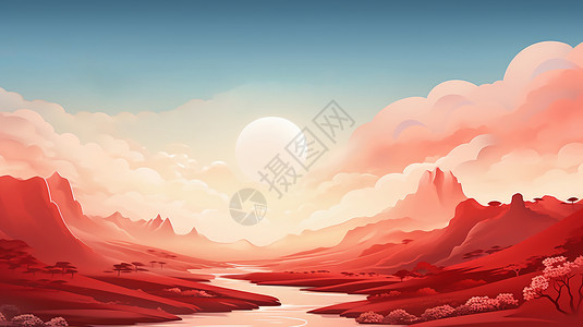 喜庆的红色山川与河流卡通风景背景图片