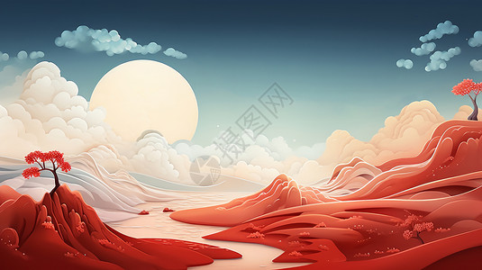 超大张的素材超大的与喜庆的红色山川卡通背景插画