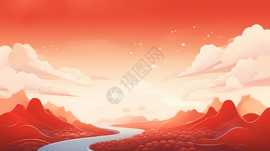 红色喜庆的卡通扁平风山水画高清图片