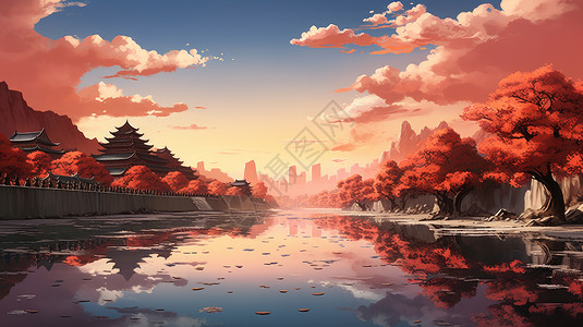 秋天傍晚美丽蝶卡通古建筑与护城河唯美风景图片