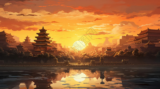 金色晚霞金色夕阳与唯美的古风卡通建筑物插画