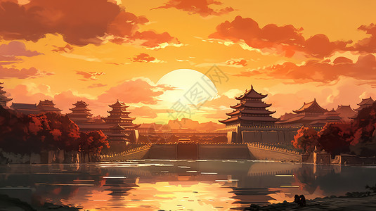 中国风建筑物古建筑物群上空金色唯美的卡通夕阳插画