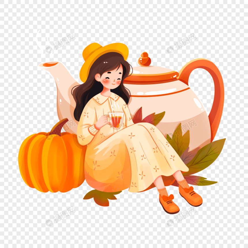 秋天喝茶的女孩图片