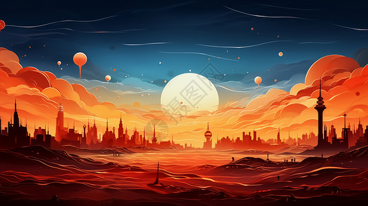 夕阳下梦幻的卡通城市背景图片