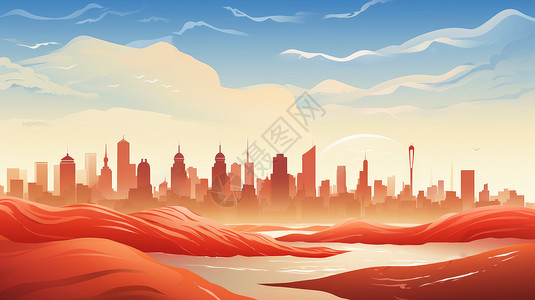 蓝天下喜庆的扁平风卡通城市背景图片