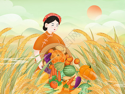 秋季粮食大丰收横板插画背景图片