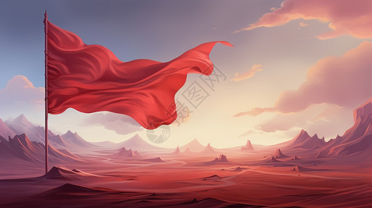 旗帜飘扬飘扬在戈壁滩上的卡通红旗插画