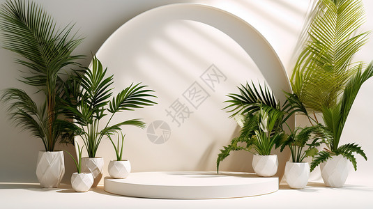 白色产品背景白色小清新产品电商展台棕榈叶装饰设计图片