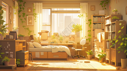 阳光照进温暖的卡通卧室背景图片