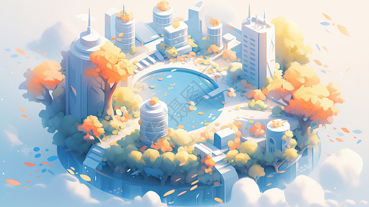 秋天上可爱的卡通城市建筑背景图片