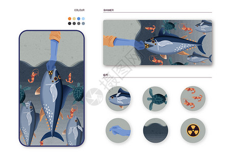 海水污染核污染食品安全扁平风插画样机背景图片