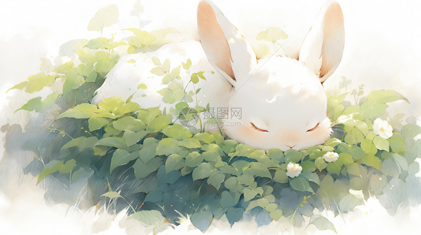 趴在植物上睡觉的卡通小白兔图片