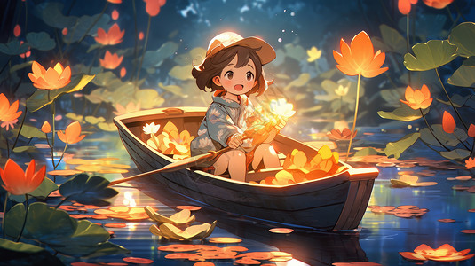 拿着荷花的女孩拿着荷花灯坐在小船上的卡通小女孩插画